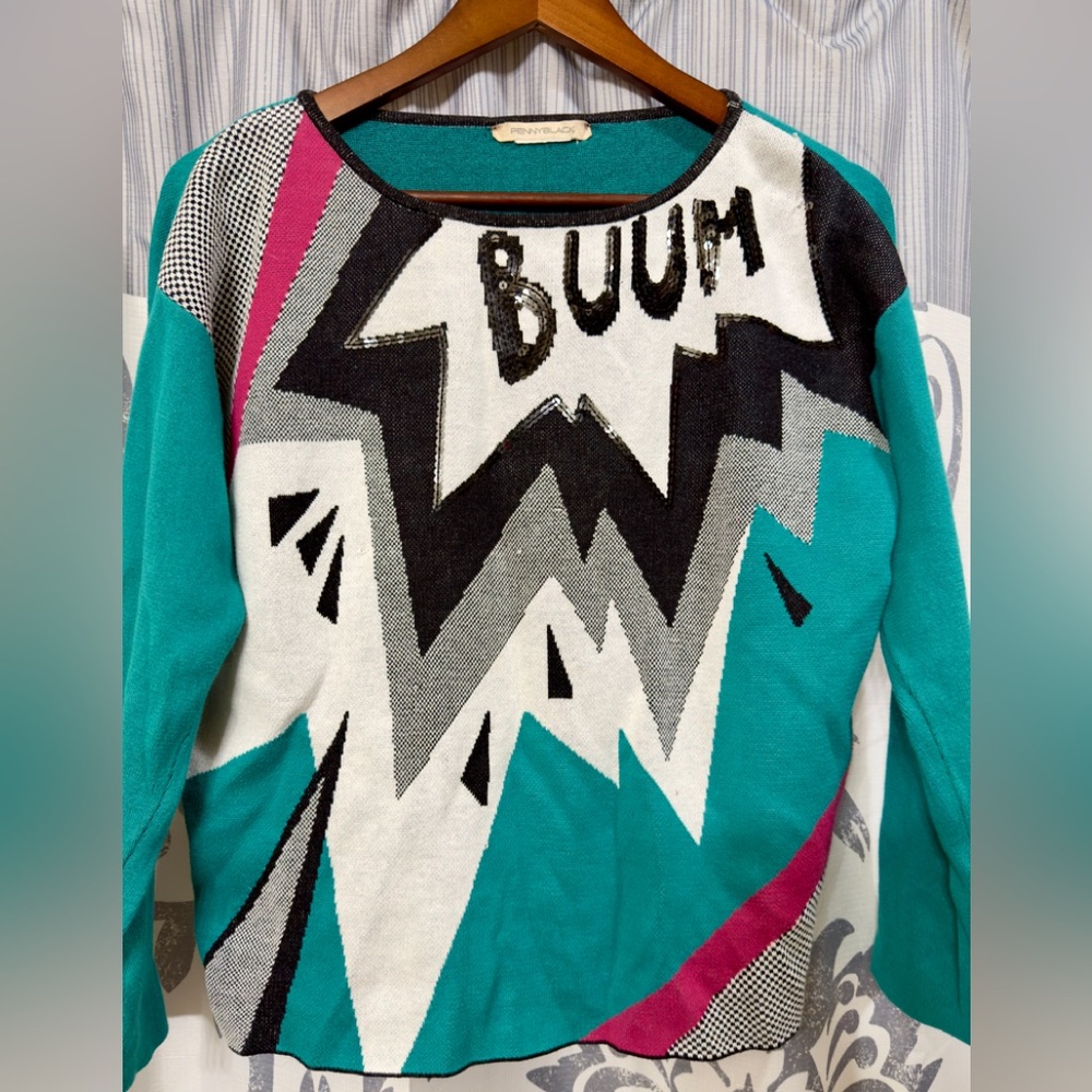 RARE Vtg 80s PennyBlack $220 Women's Teal Black‎ Graphic Sweater Pop-Art Style M